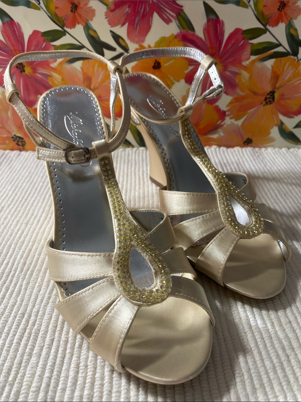 Michaelangelo Champagne Gold T-Strap Heels with Crystal Accents